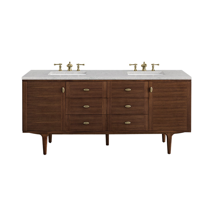 Amberly 72" Double Vanity, Mid-Century Walnut w/ 3 CM Eternal Jasmine Pearl Top w/FreePower Wireless Charger