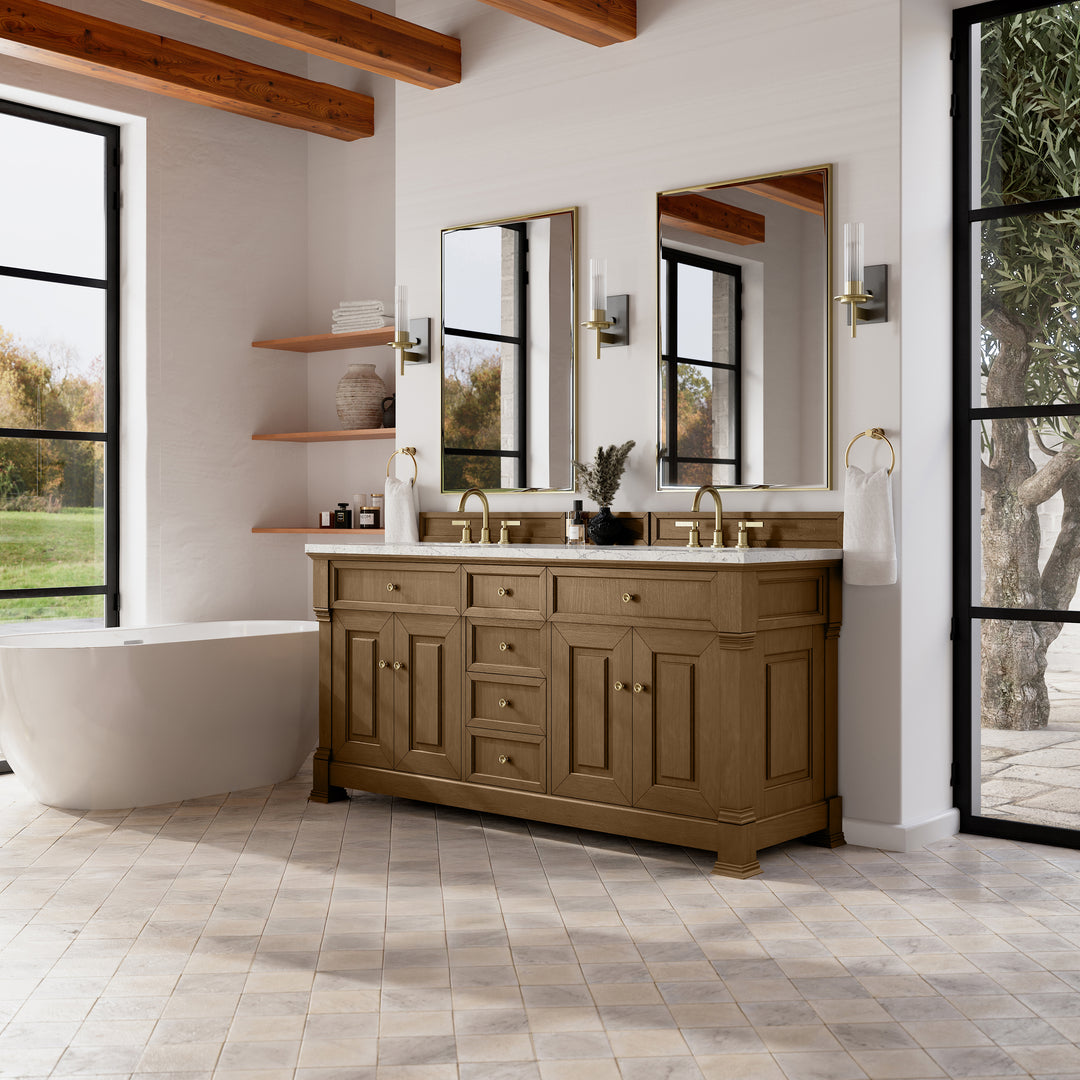 Brookfield 72" Double Vanity, Honey Oak w/ 3 CM Eternal Jasmine Pearl Silestone Top w/ FreePower Wireless Charger