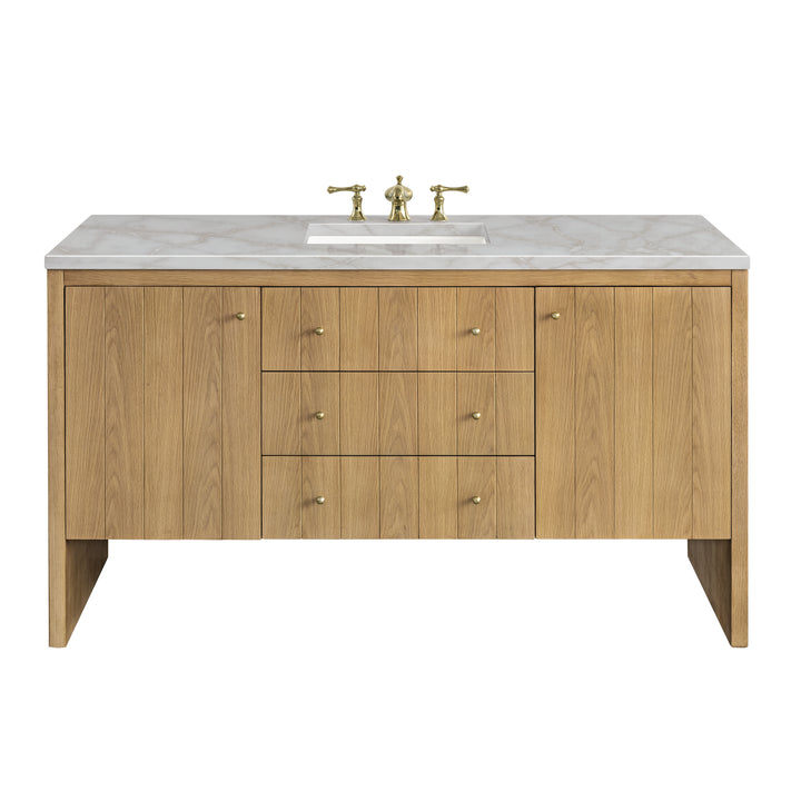 Hudson 60" Single Vanity, Light Natural Oak w/ 3 CM Victorian Silver Top w/ FreePower Wireless Charger