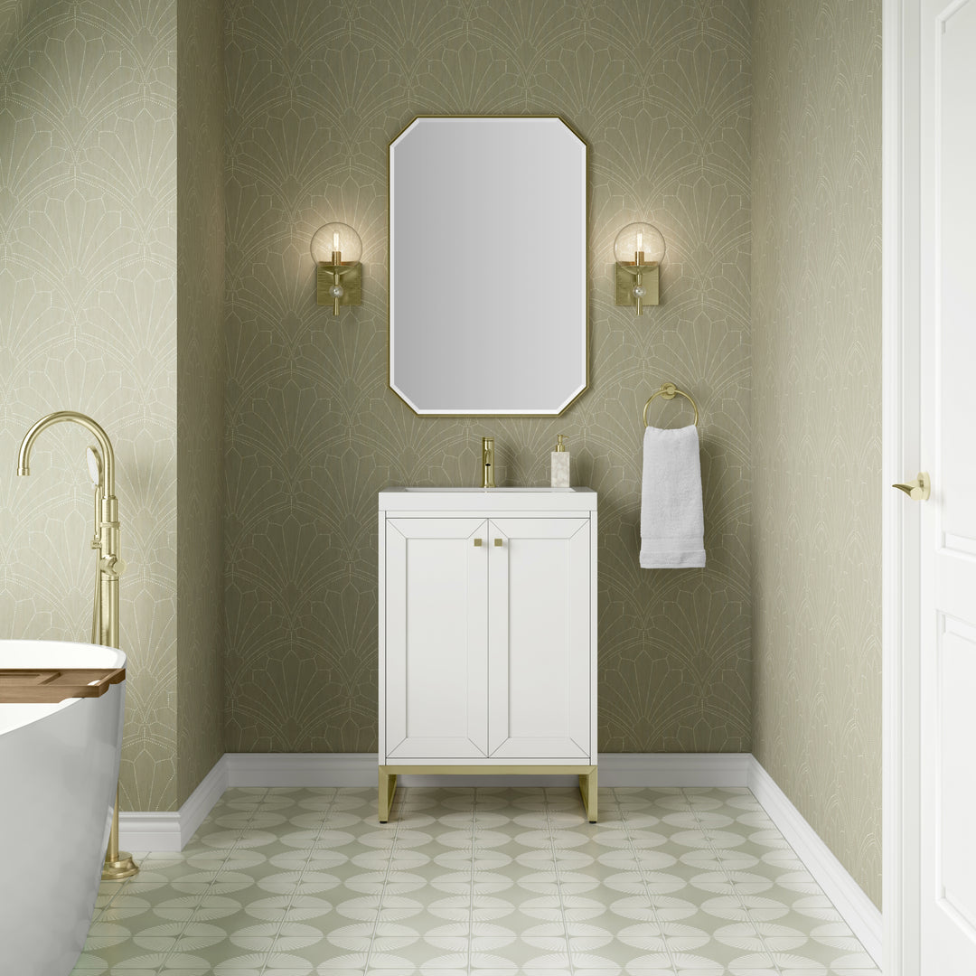 Chianti 24" Single Vanity, Glossy White, Champagne Brass, w/ White Glossy Composite Stone Top