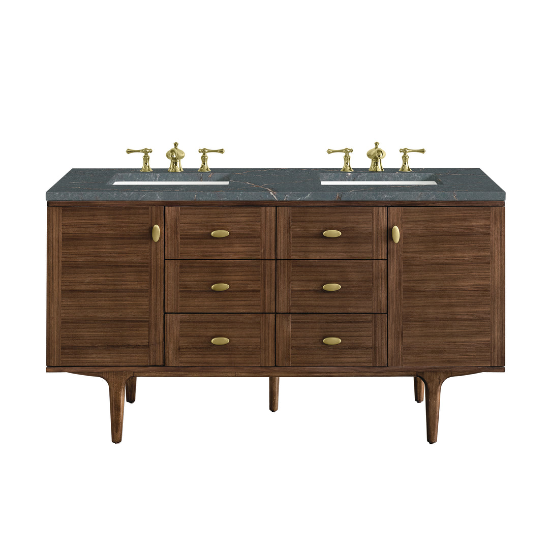 Amberly 60" Double Vanity, Mid-Century Walnut w/ 3 CM Parisien Bleu Top w/FreePower Wireless Charger