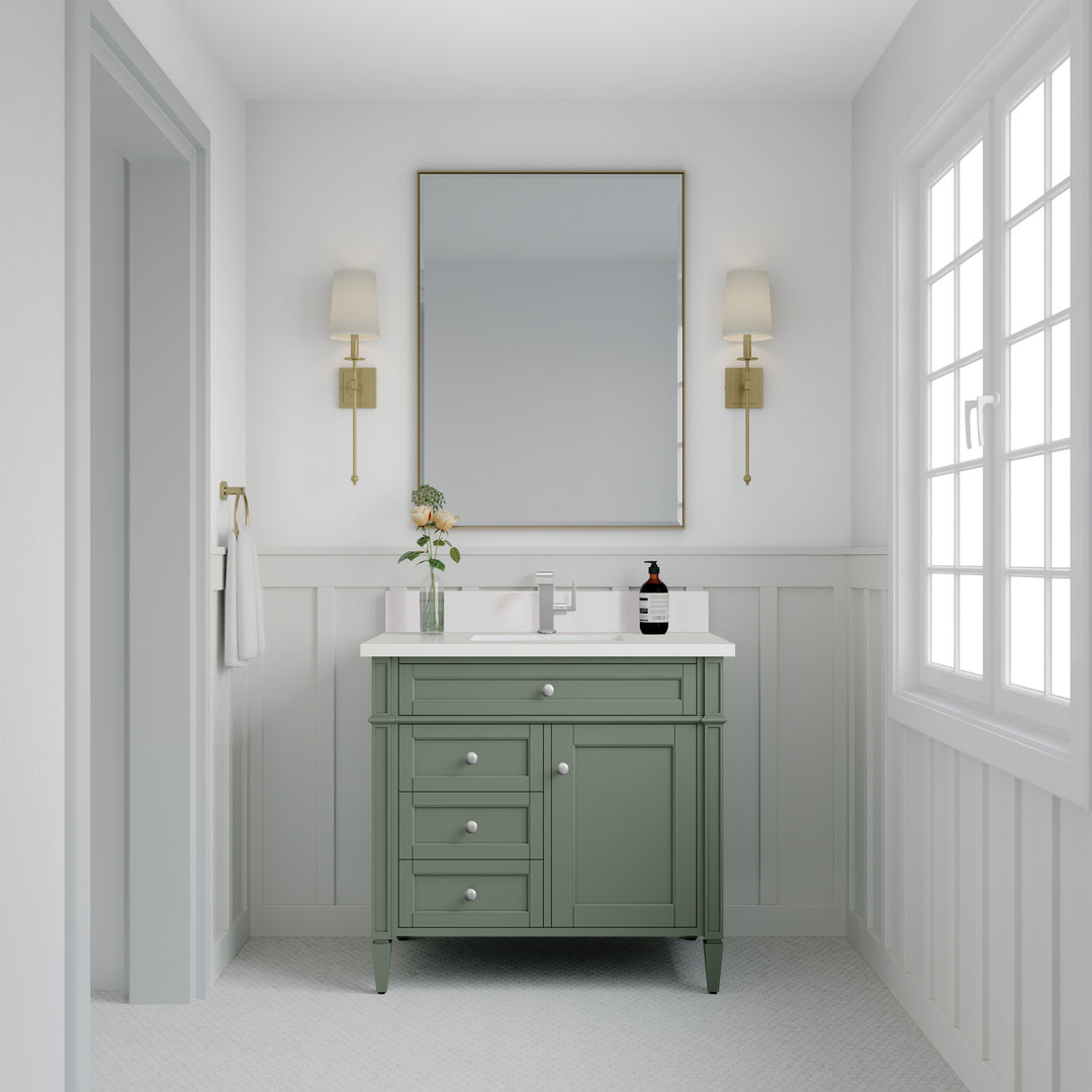 Brittany 36" Single Vanity, Smokey Celadon w/ Single Hole 3 CM White Zeus Top & Backsplash