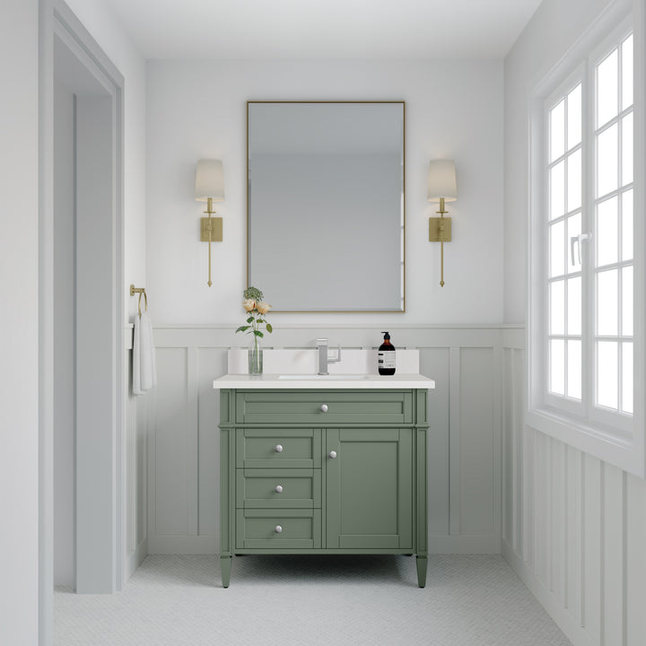 Brittany 36" Single Vanity, Smokey Celadon w/ Single Hole 3 CM White Zeus Top & Backsplash