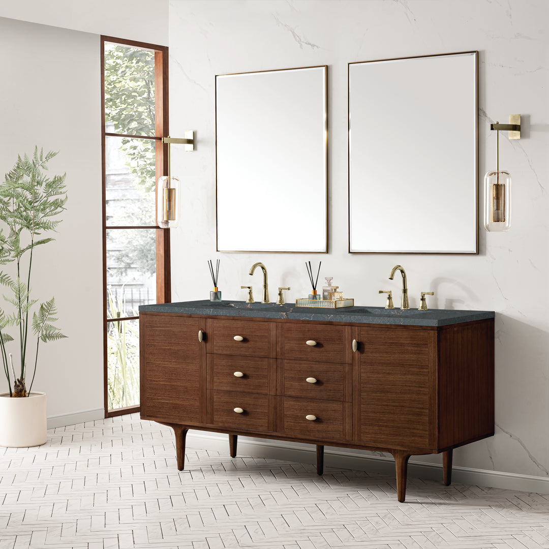 Amberly 72" Double Vanity, Mid-Century Walnut w/ 3 CM Parisien Bleu Top