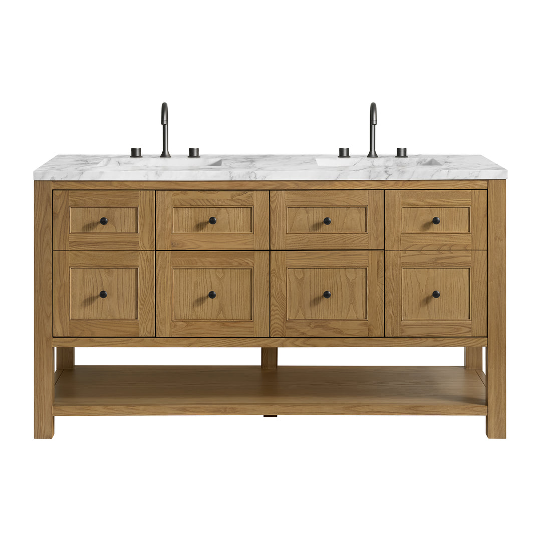 Breckenridge 60" Double Vanity, Light Natural Oak, w/ 3 CM Carrara Marble Top