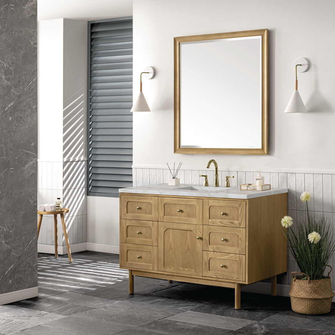 Laurent 48" Single Vanity, Light Natural Oak w/ 3 CM Victorian Silver Top w/FreePower Wireless Charger