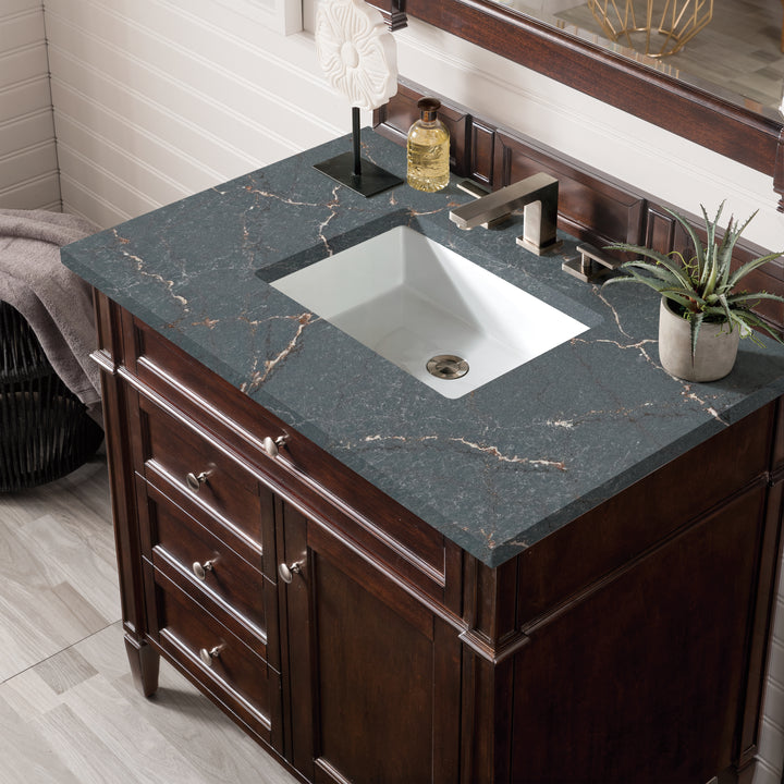 Brittany 36" Single Vanity, Burnished Mahogany w/ 3 CM Parisien Bleu Silestone Top
