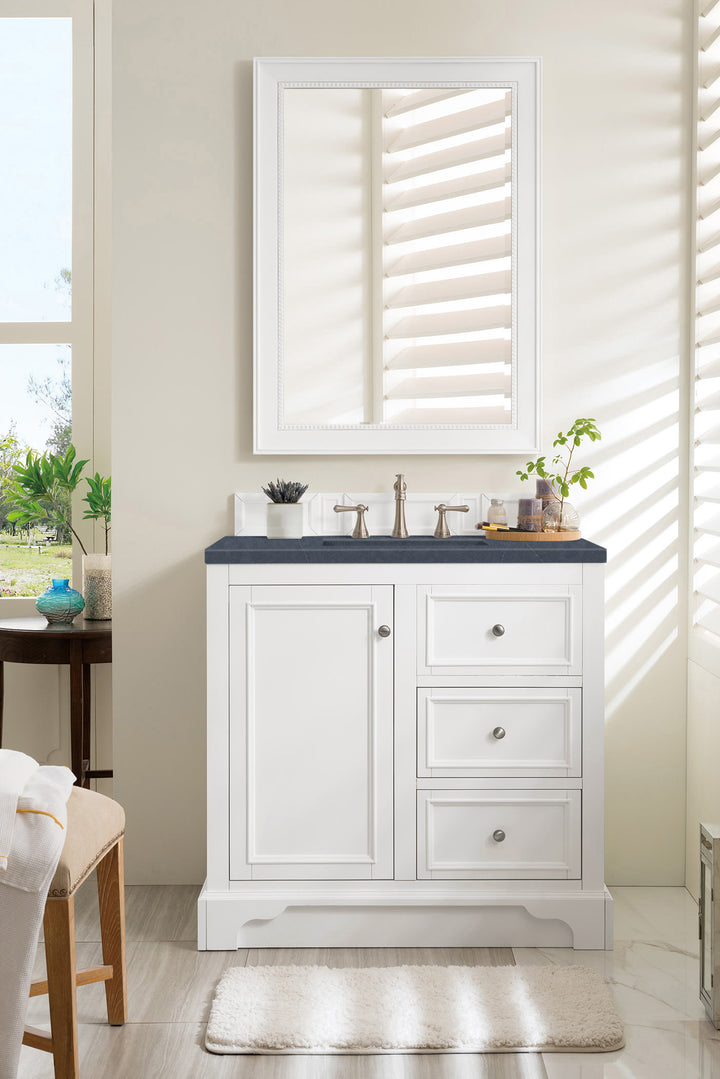 De Soto 36" Single Vanity, Bright White w/ 3 CM Charcoal Soapstone Silestone Top