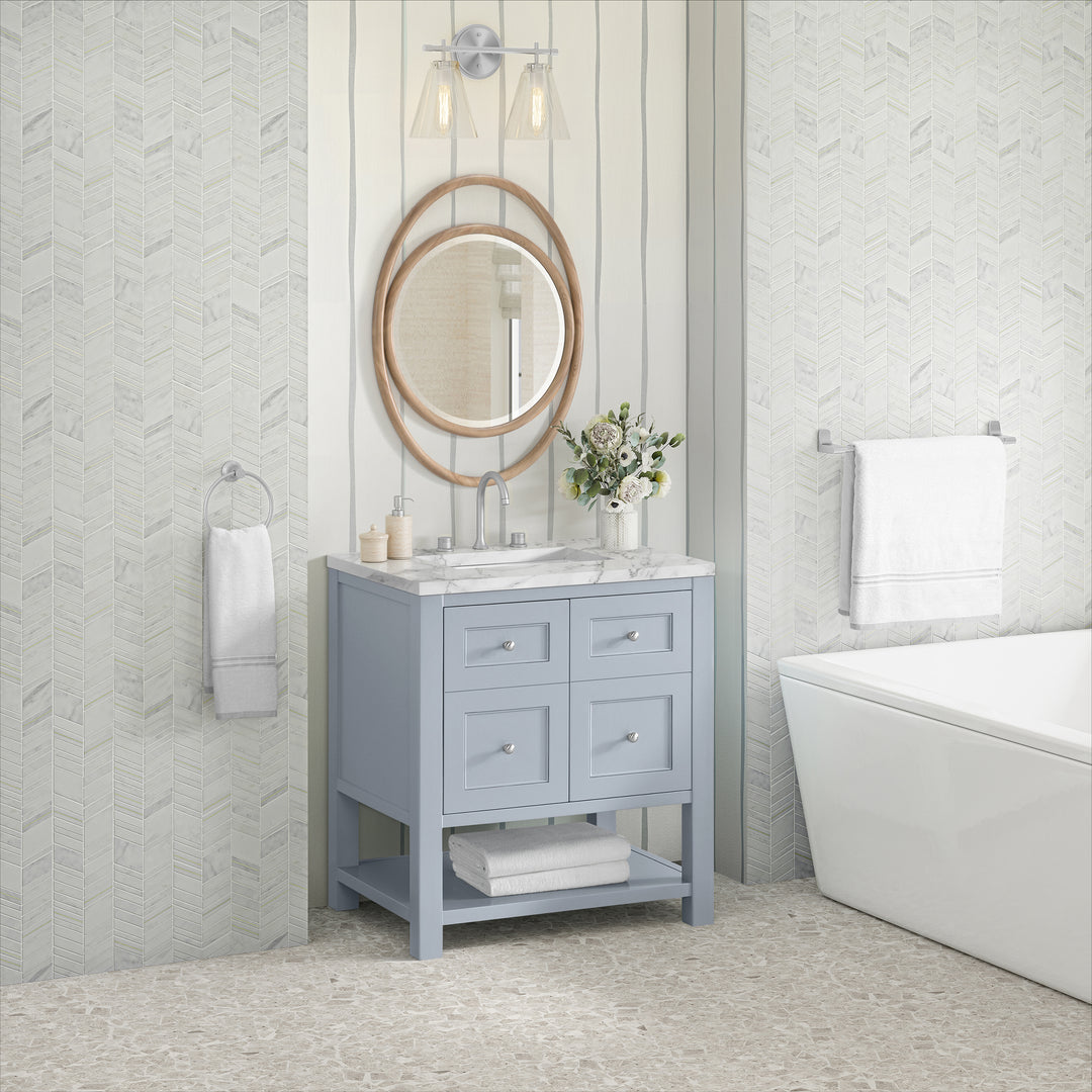 Breckenridge 30" Single Vanity, Serenity Blue, w/ 3 CM Carrara Marble Top