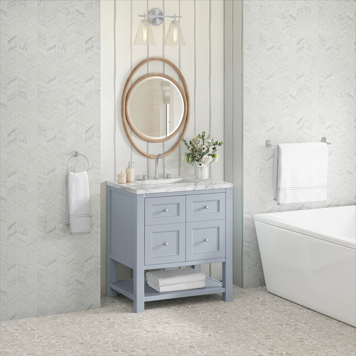 Breckenridge 30" Single Vanity, Serenity Blue, w/ 3 CM Carrara Marble Top
