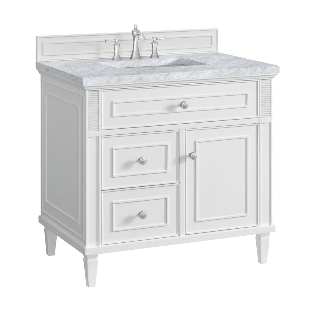 Lorelai 36" Single Vanity, Bright White w/ 3 CM Carrara White Marble Top