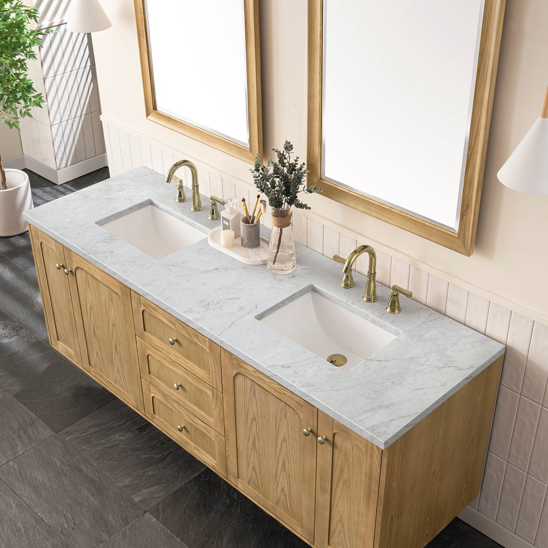 Laurent 72" Double Vanity, Light Natural Oak w/ 3 CM Carrara Marble Top