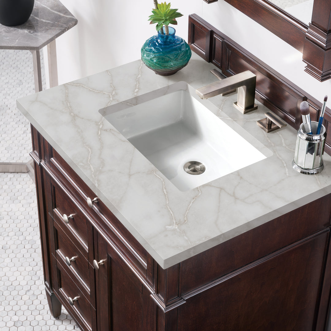 Brittany 30" Single Vanity, Burnished Mahogany, w/ 3 CM Victorian Silver Silestone Top