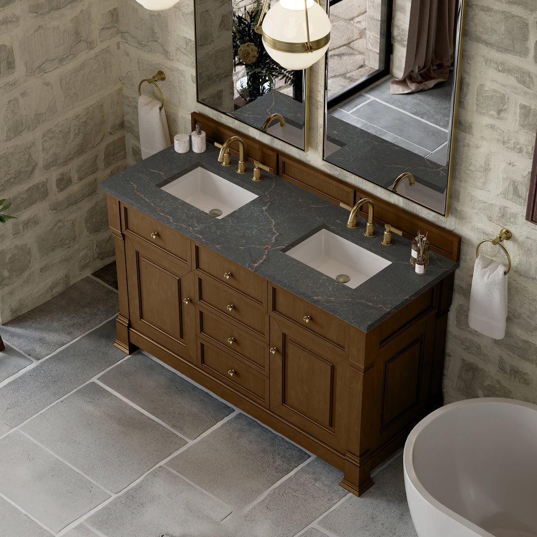 Brookfield 60" Double Vanity, Honey Oak w/ 3 CM Parisien Bleu Silestone® Top