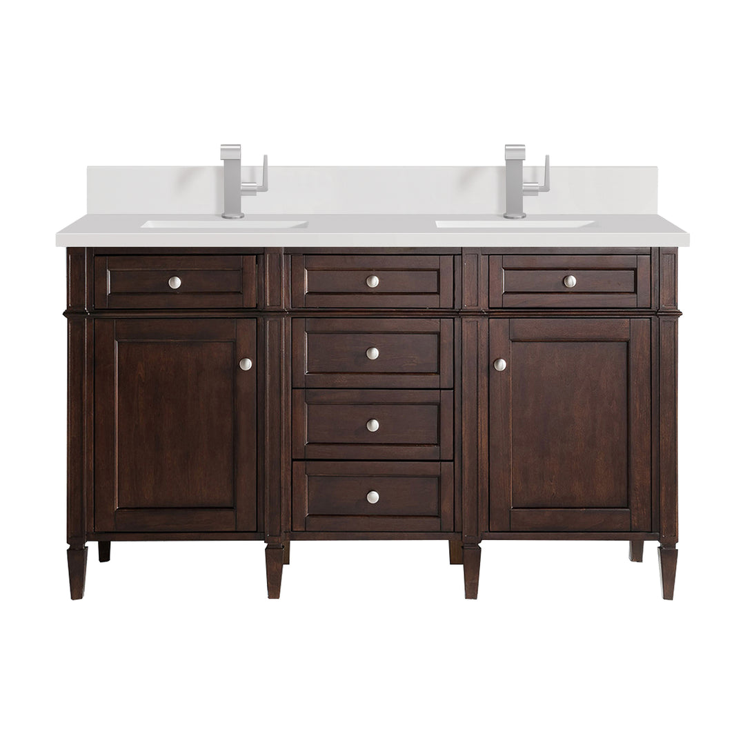 Brittany 60" Double Vanity, Burnished Mahogany w/ Single Hole 3 CM White Zeus Silestone Top & Backsplash