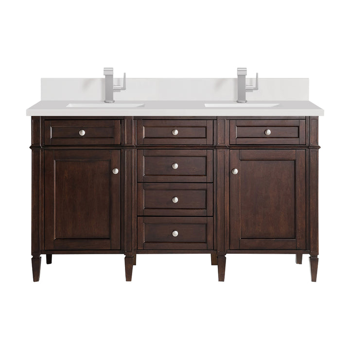 Brittany 60" Double Vanity, Burnished Mahogany w/ Single Hole 3 CM White Zeus Silestone Top & Backsplash