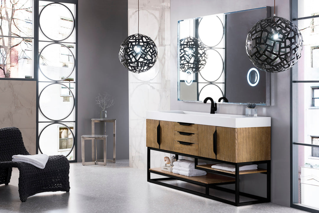 Columbia 72" Single Vanity, Latte Oak, Matte Black w/ Glossy White Composite Stone Top