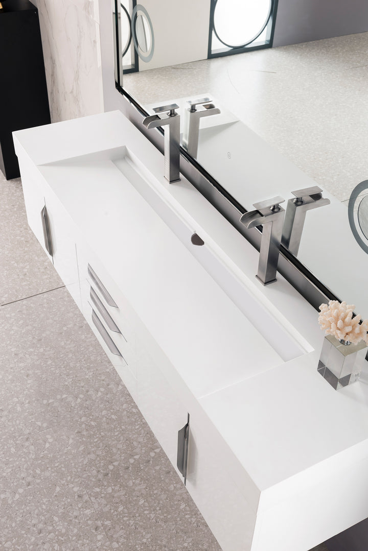 Columbia 72" Double Wall Mount Vanity, Glossy White, Brushed Nickel w/ Glossy White Composite Stone Top