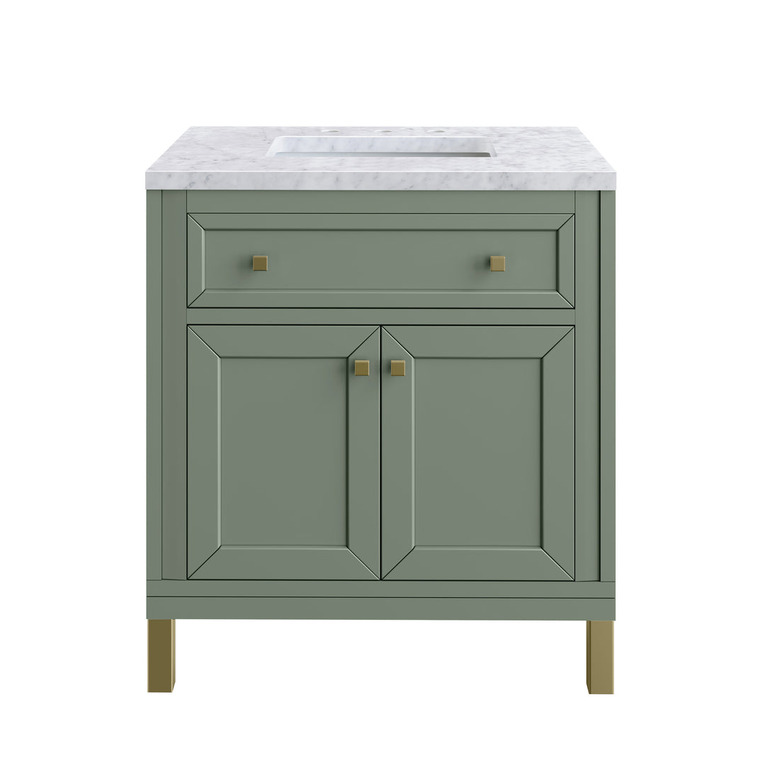 Chicago 30" Single Vanity, Smokey Celadon, w/ 3 CM Carrara Marble Top