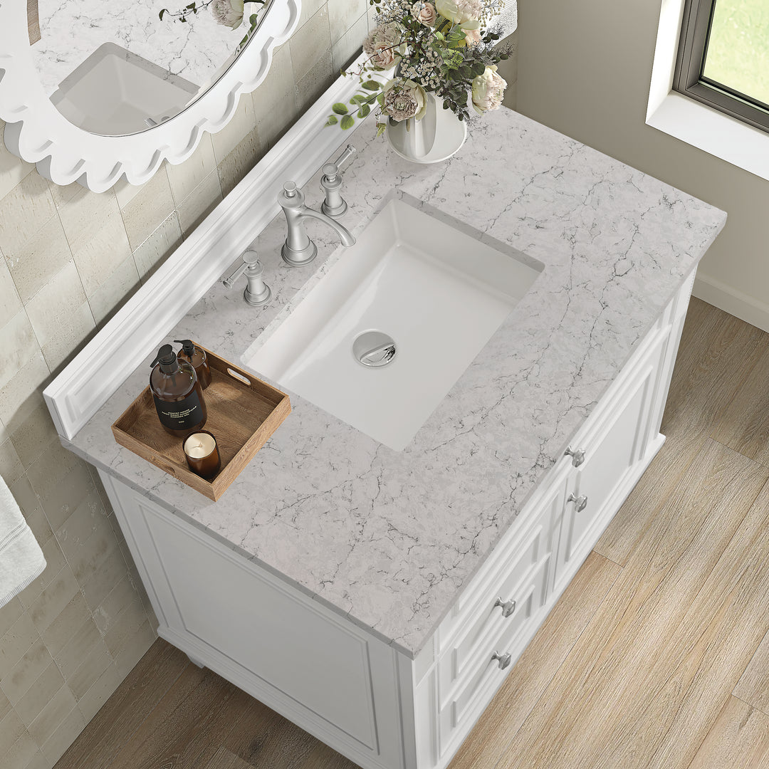 Lorelai 36" Single Vanity, Bright White w/ 3 CM Eternal Jasmine Pearl Silestone Top