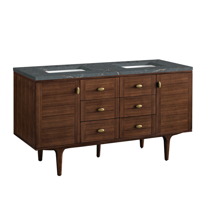 Amberly 60" Double Vanity, Mid-Century Walnut w/ 3 CM Parisien Bleu Top w/FreePower Wireless Charger