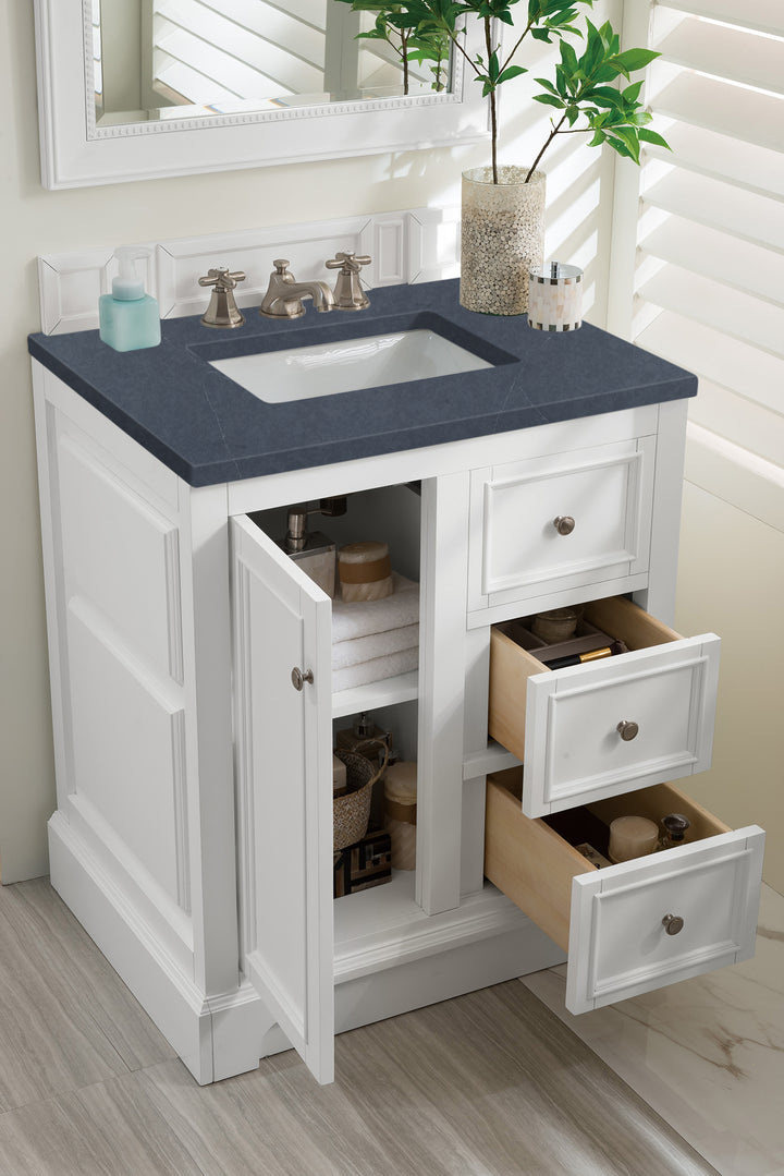 De Soto 30" Single Vanity, Bright White w/ 3 CM Charcoal Soapstone Silestone Top