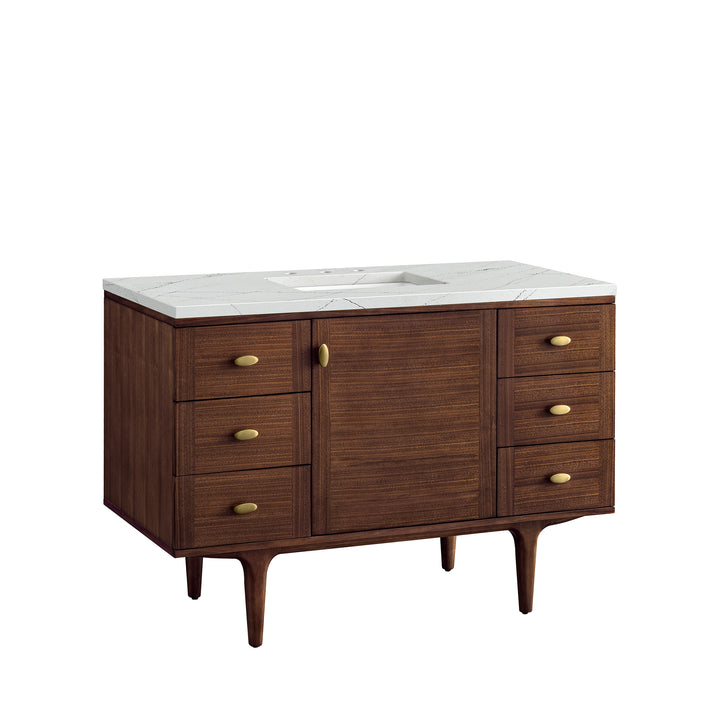Amberly 48" Single Vanity, Mid-Century Walnut w/ 3 CM Ethereal Noctis Top w/FreePower Wireless Charger