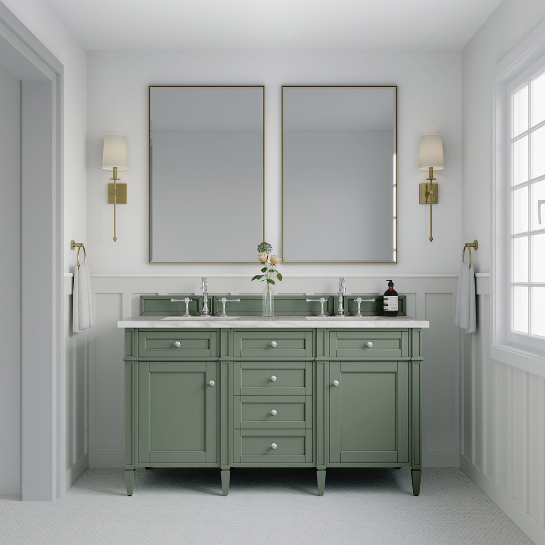 Brittany 60" Double Vanity, Smokey Celadon w/ 3 CM Victorian Silver Top w/FreePower Wireless Charger