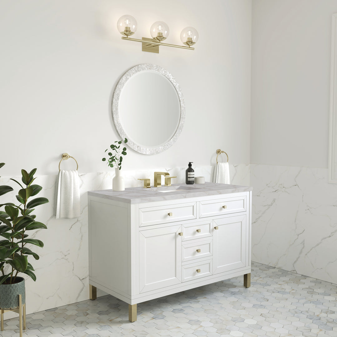 Chicago 48" Single Vanity, Glossy White, w/ 3 CM Victorian Silver Silestone® Top w/FreePower Wireless Charger