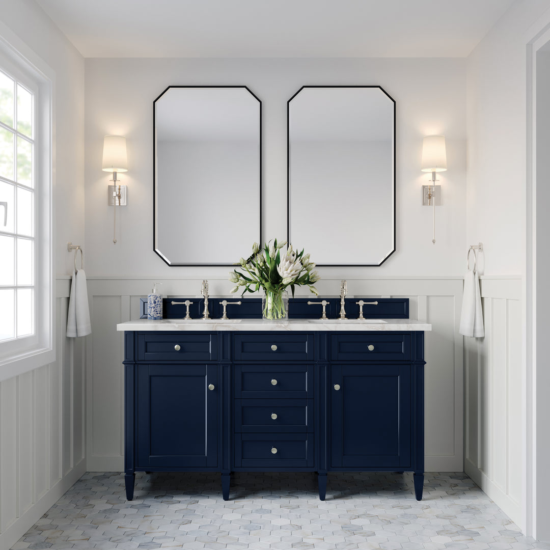 Brittany 60" Double Vanity, Victory Bleu w/ 3 CM Victorian Silver Silestone Top