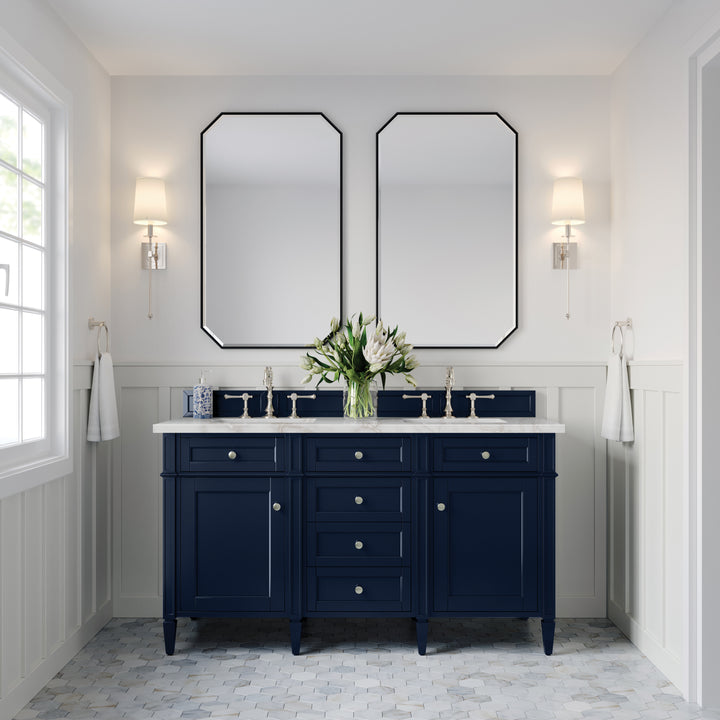 Brittany 60" Double Vanity, Victory Blue w/ 3 CM Victorian Silver Silestone Top w/FreePower Wireless Charger