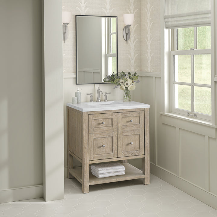 Breckenridge 30" Single Vanity, Whitewashed Oak w/ 3 CM Arctic Fall Solid Surface Top