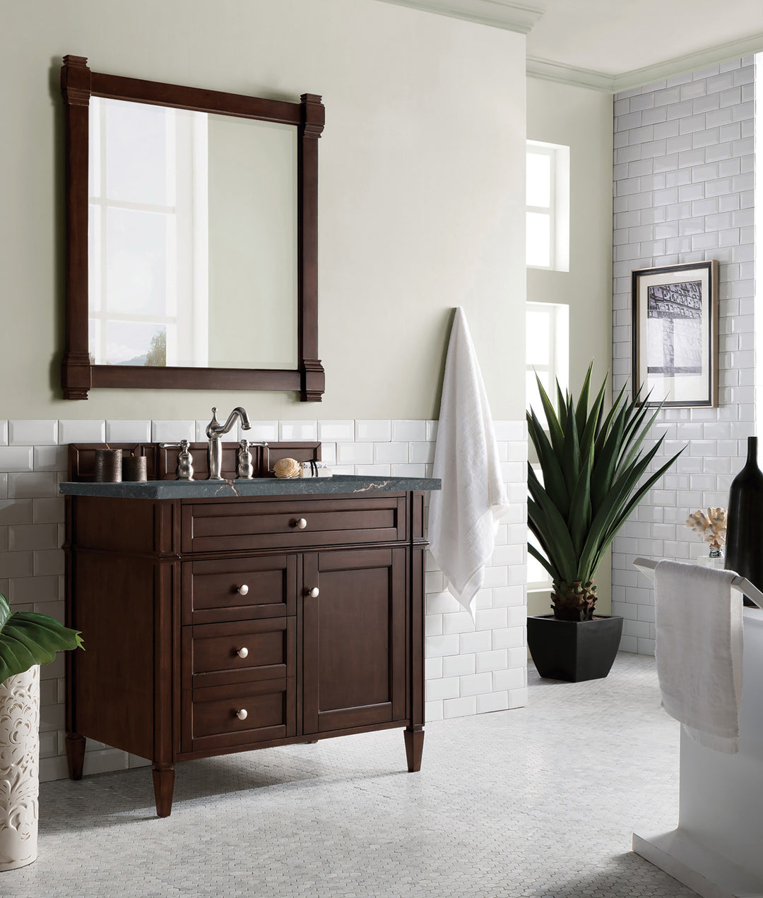 Brittany 36" Single Vanity, Burnished Mahogany w/ 3 CM Parisien Bleu Silestone Top