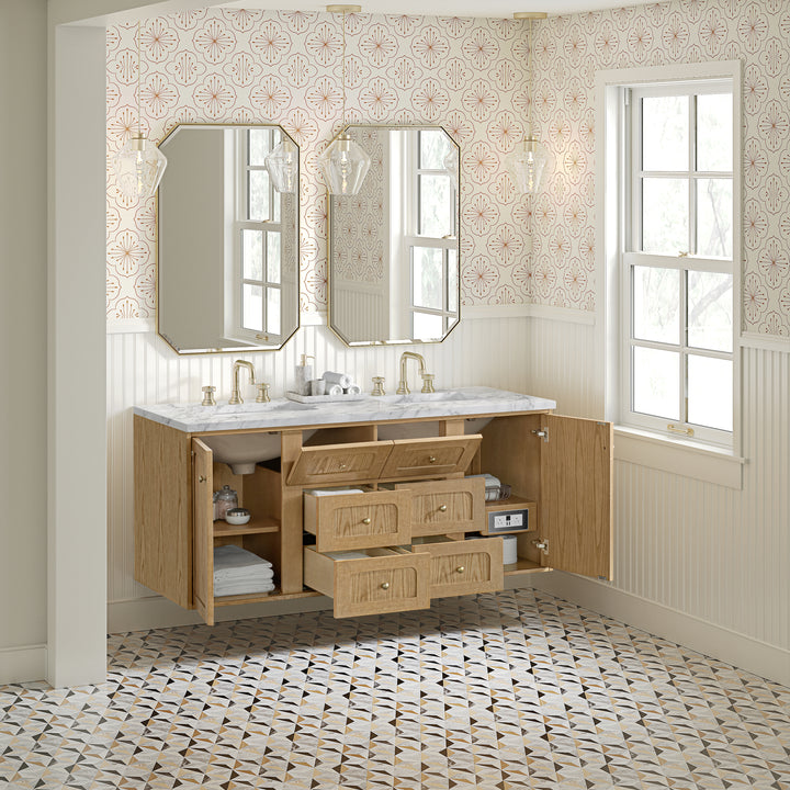 Laurent 60" Double Vanity, Light Natural Oak, w/ 3 CM Carrara Marble Top