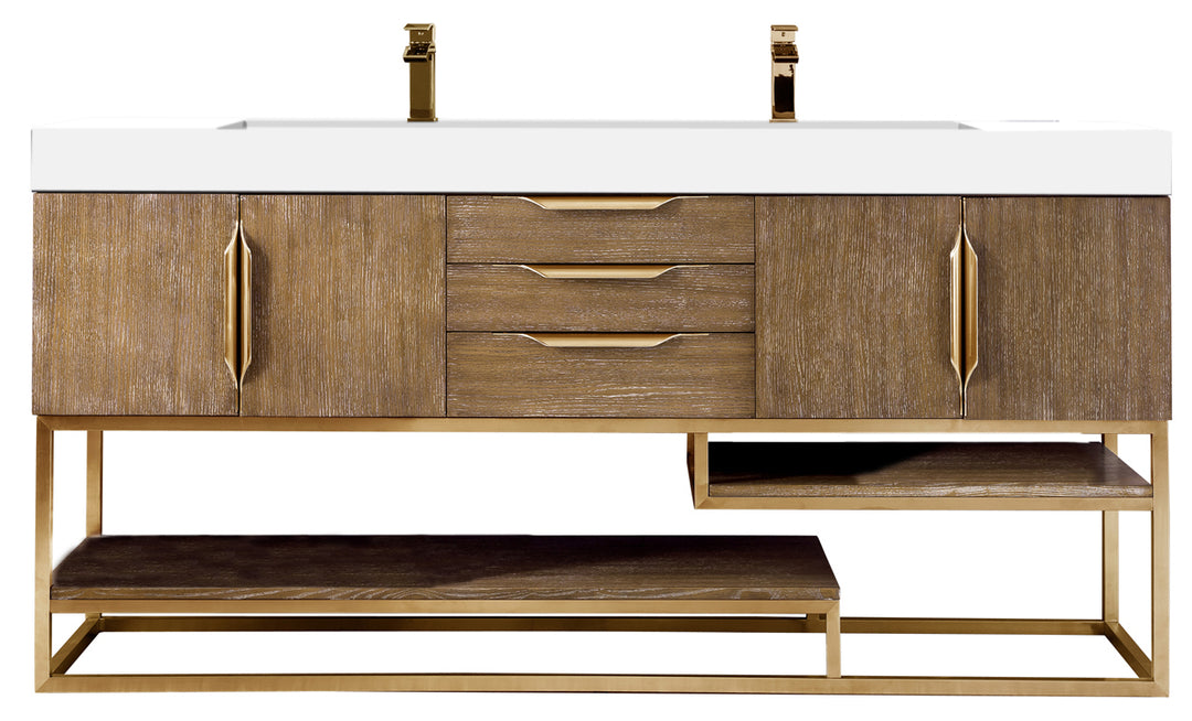 Columbia 72" Double Vanity, Latte Oak, Radiant Gold w/ Glossy White Composite Stone Top