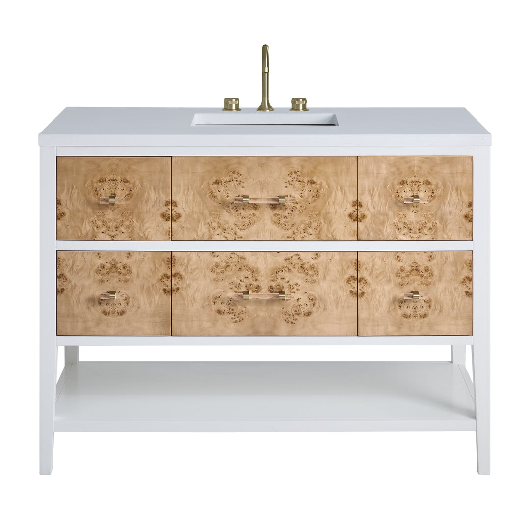Olena 48" Single Vanity, Light Mappa Burl and Polished White w/ 3 CM White Zeus Silestone Top