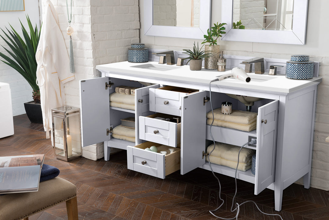 Palisades 72" Double Vanity, Bright White w/ 3 CM White Zeus Silestone Top