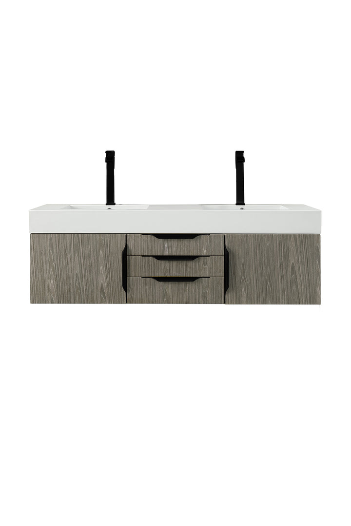 Columbia 59" Double Wall Mount Vanity, Ash Gray, Matte Black w/ Glossy White Composite Stone Top
