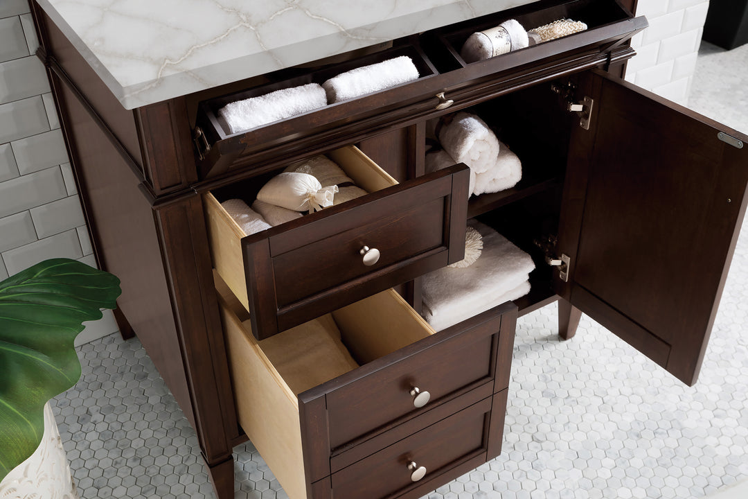 Brittany 36" Single Vanity, Burnished Mahogany w/ 3 CM Victorian Silver Silestone Top