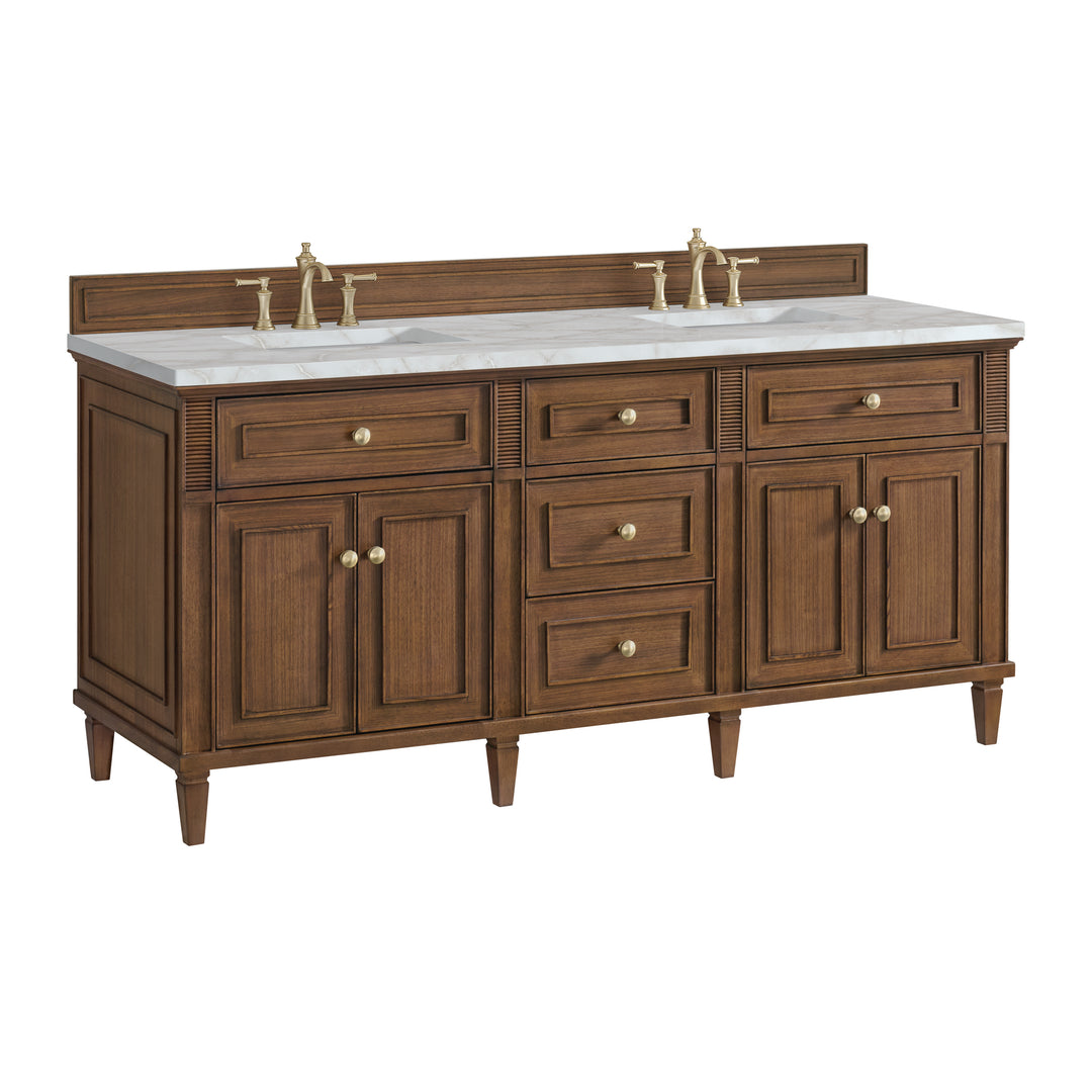 Lorelai 72"Double Vanity, Mid-Century Walnut w/ 3 CM Victorian Silver Silestone Top w/FreePower Wireless Charger