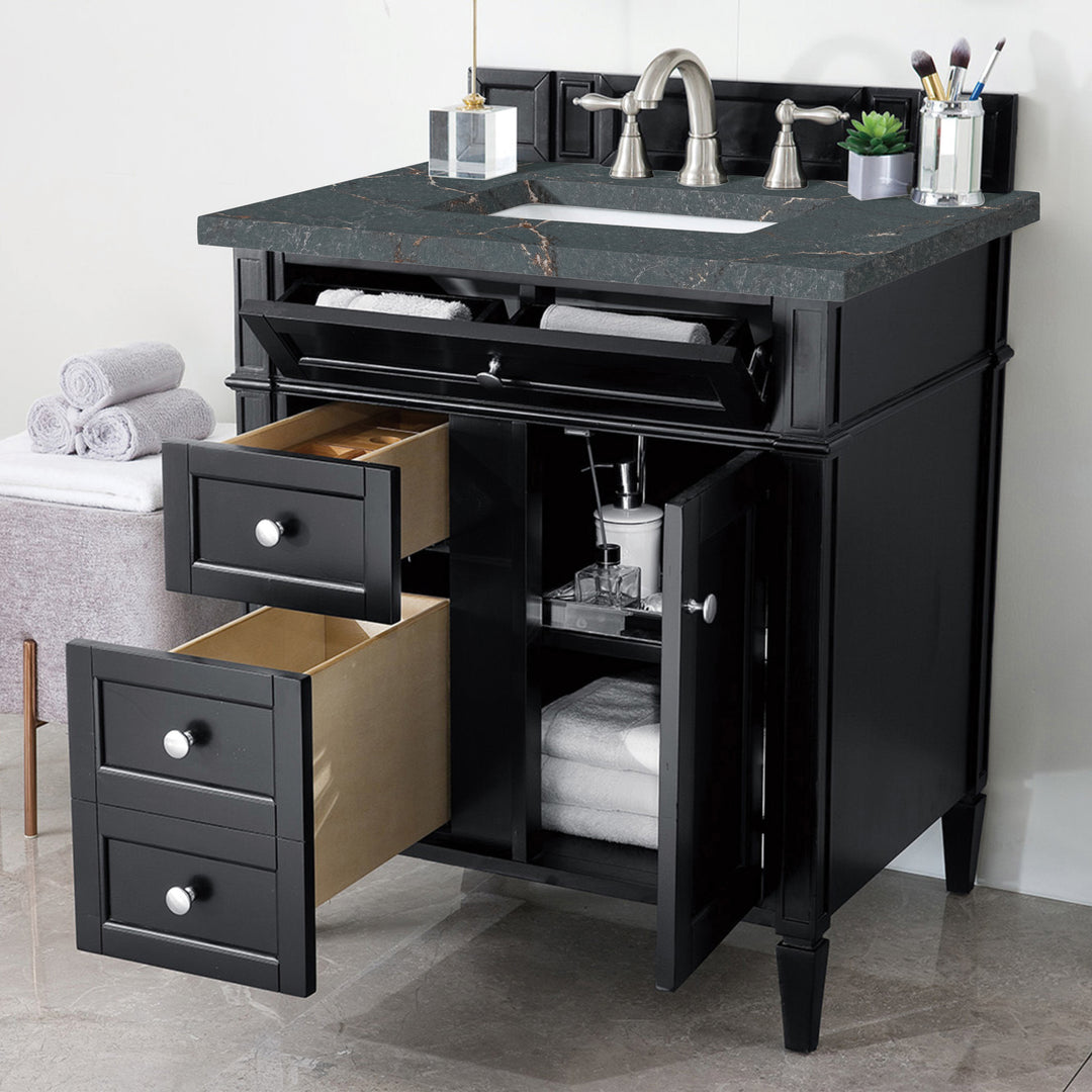 Brittany 30" Single Vanity, Black Onyx, w/ 3 CM Parisien Bleu Silestone Top