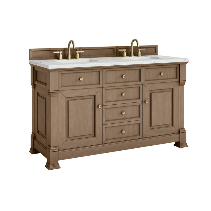 Brookfield 60" Double Vanity, Pecan w/ 3 CM Ethereal Noctis Silestone®  Top w/FreePower Wireless Charger