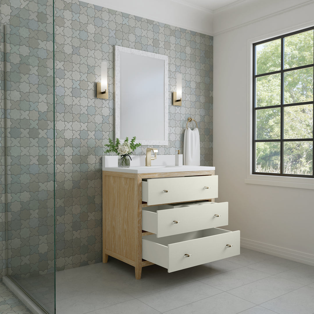 Celeste 36" Single Vanity, Sunwashed Oak with Embossed Shagreen w/ Single Hole 3 CM White Zeus Silestone Top & Backsplash