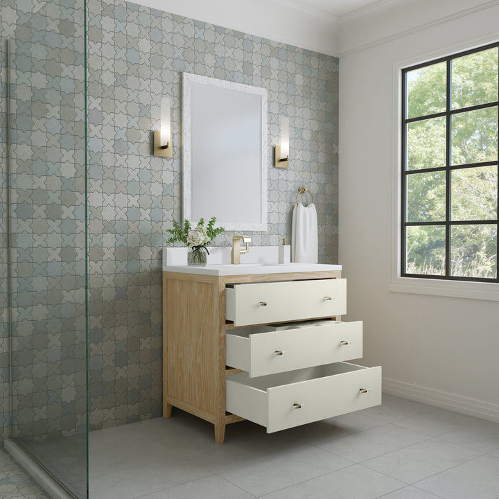 Celeste 36" Single Vanity, Sunwashed Oak with Embossed Shagreen w/ Single Hole 3 CM White Zeus Silestone Top & Backsplash