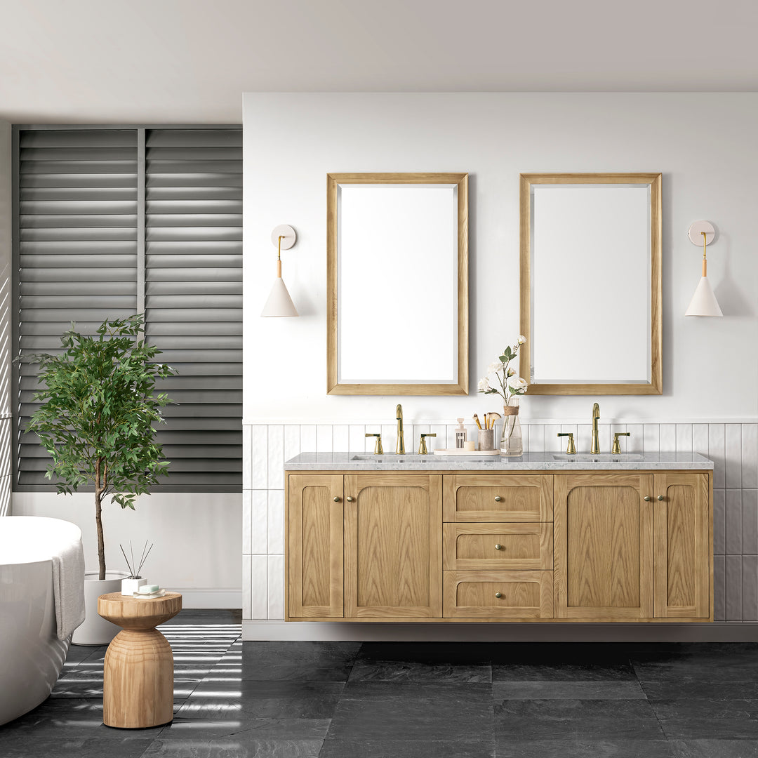 Laurent 72" Double Vanity, Light Natural Oak w/ 3 CM Eternal Jasmine Pearl Top w/FreePower Wireless Charger