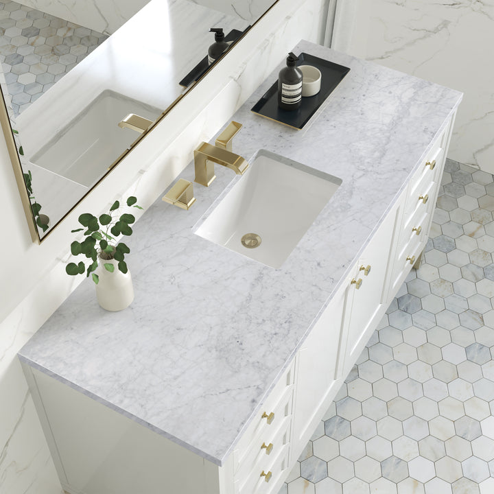 Chicago 60" Single Vanity, Glossy White, w/ 3 CM Carrara Marble Top