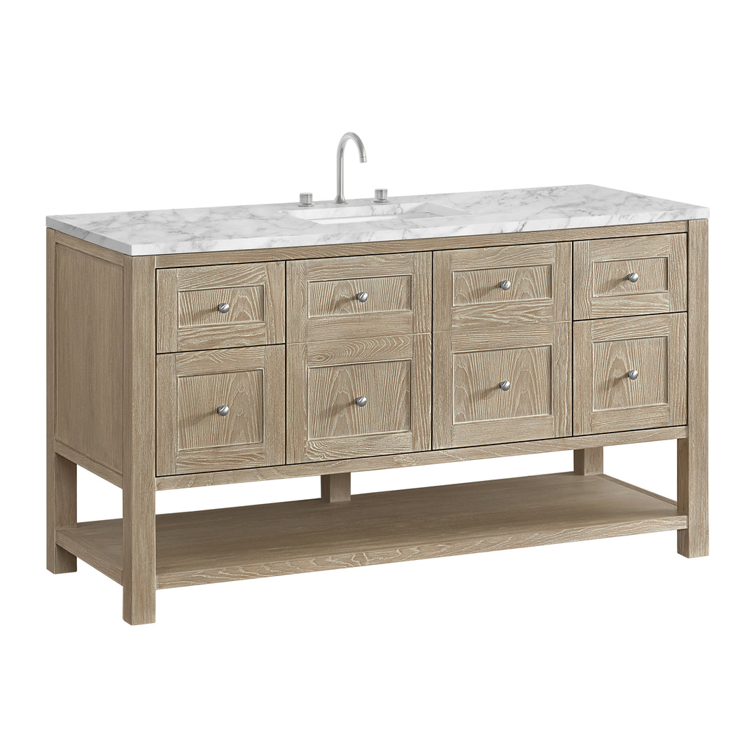 Breckenridge 60" Single Vanity, Whitewashed Oak, w/ 3 CM Carrara Marble Top