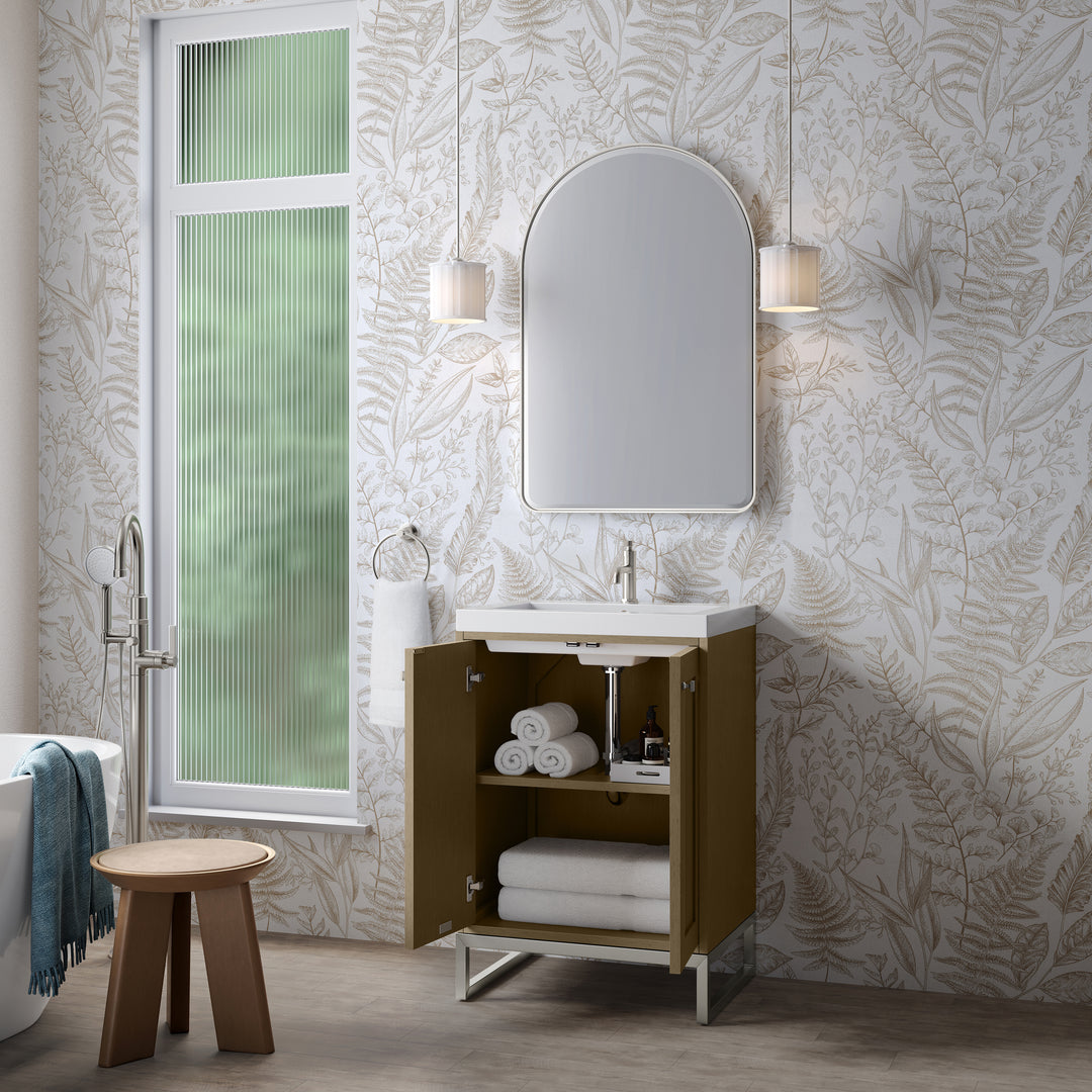 Chianti 24" Single Vanity, Walnut Whisper, Brushed Nickel, w/ White Glossy Composite Stone Top