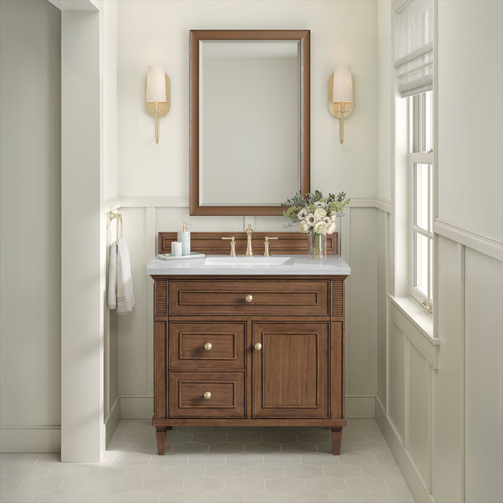 Lorelai 36" Single Vanity, Mid-Century Walnut w/ 3 CM Arctic Fall Solid Surface Top