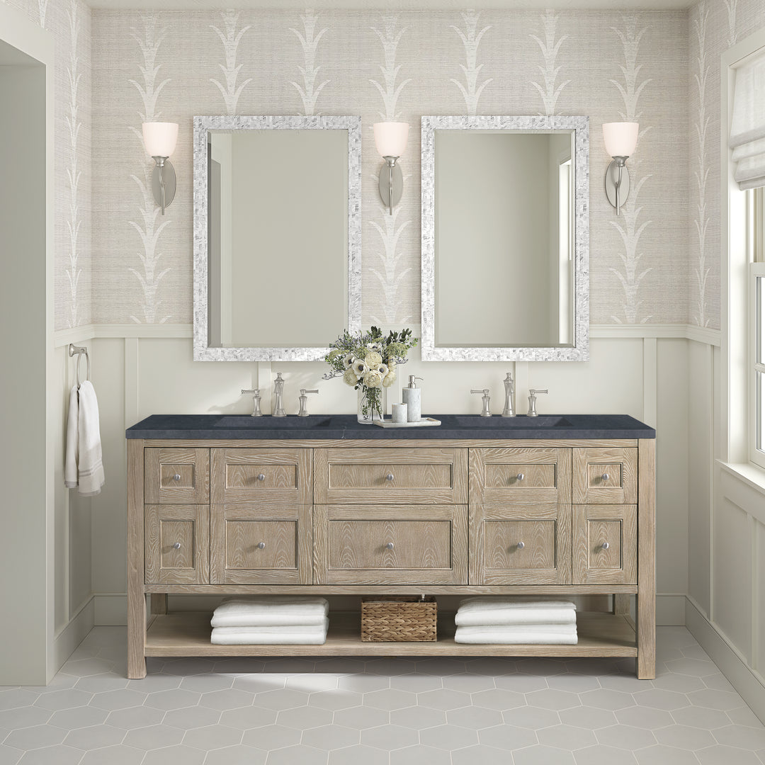 Breckenridge 72" Double Vanity, Whitewashed Oak w/ 3 CM Charcoal Soapstone Silestone Top